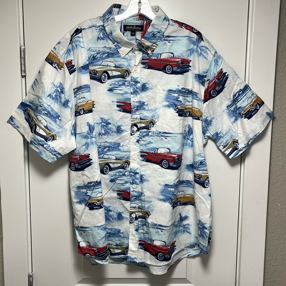 North River Outfitters Cotton Car Beach Palm Tree Hawaiian Style Button Down